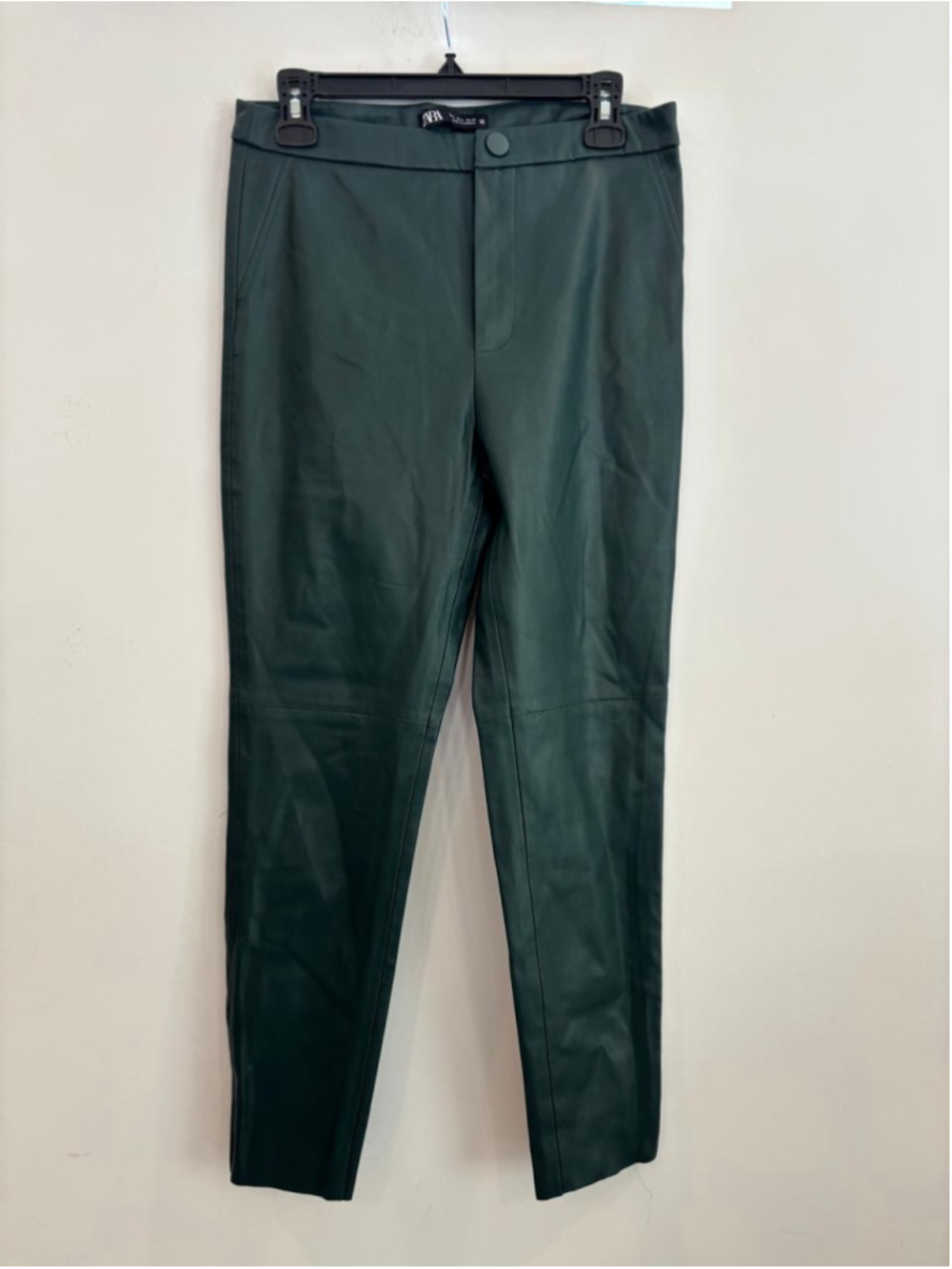 Zara Green Faux Leather Skinny Pants High Rise Ankle Zip Pleather Large L #N06